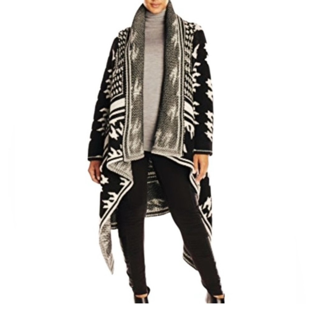 Calvin Klein Black and White Patterned Open-Front Cardigan Sweater